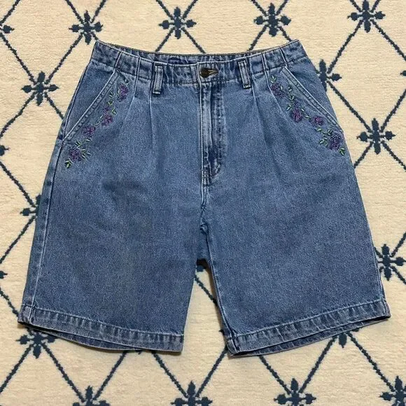Vintage Embroidered Floral Denim Mom Shorts - Picture 1 of 8